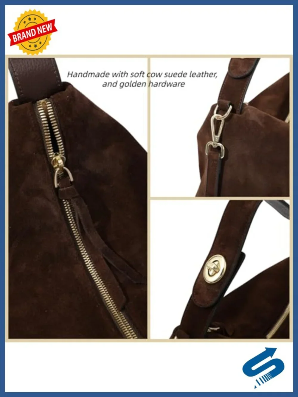 Genuine Suede Leather Hobo Bag - Tote Crossbody Shoulder Bag with Zipper